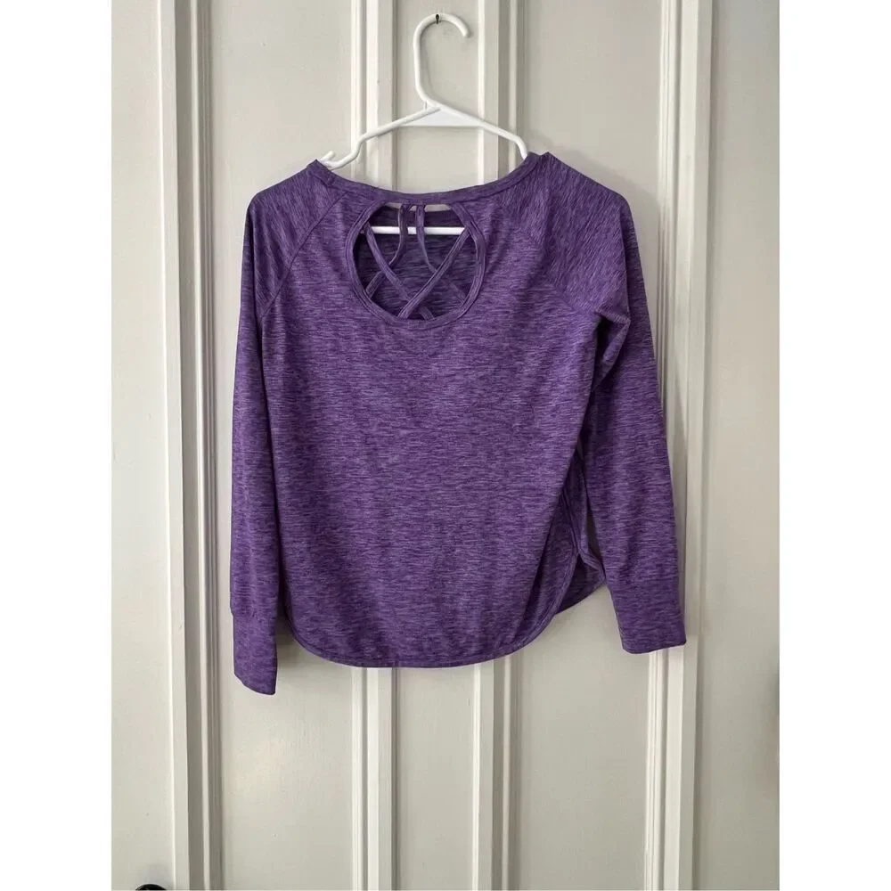DSG girl's purple heather long sleeve atlethic top with open strappy back M/10-1